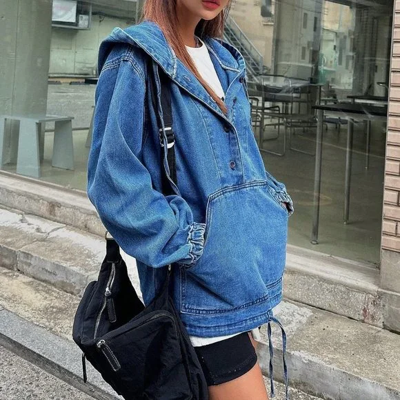 Blue Preppy Womens Half Button Drawstring Hem Hooded Denim Jacket - Picture 3 of 5